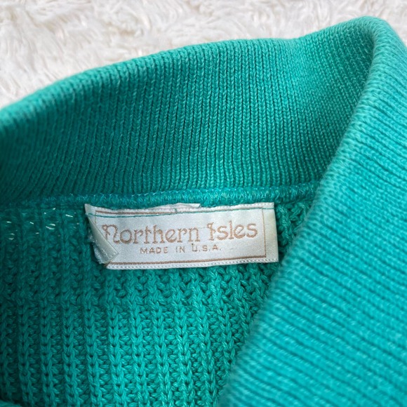 Vintage 90s button henley pullover sweater chunky knit grandpa cotton teal green - Picture 4 of 17